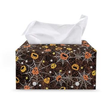 Imagem de Jeiento Capa de caixa de lenços de Halloween decoração abóbora preta teia de aranha suporte de lenço retangular couro PU capa de guardanapo de papel facial à prova d'água à prova de poeira para
