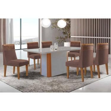 Imagem de Conjunto Sala de Jantar Pietá c/ Tampo Madeirado c/ Vidro Canto Curvo 180x90cm e 6 Cadeiras Jaspe Madeira Maciça Naturale/Off White - Capuccino/Suede 