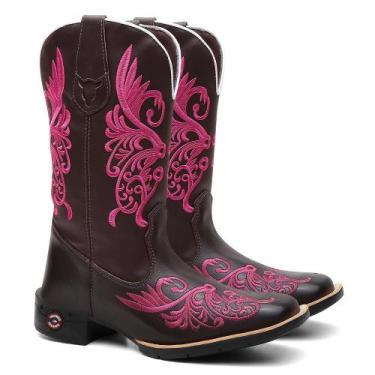 Imagem de Bota Texana Feminina Floral Rosa em Couro - Mundo Texano, Marrom, 36