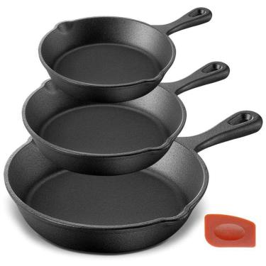 Imagem de Conjunto de Frigideiras de Ferro Fundido Profissional com Alças de Silicone, 3 Peças, NUTRICHEF NCCI76, Preto