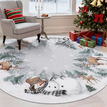 Imagem de U'Artlines Tapete redondo lavável de Natal, 1,2 m, inverno, férias, boneco de neve, cervo, lavanderia, tapete antiderrapante, tapete macio para entrada, sala de estar, quarto
