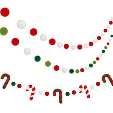 Imagem de 3 peças de Natal de feltro de bola guirlanda de feltro de Natal banner de Natal de bengala doces banner de feltro guirlanda de pompom de Natal para decoração de Natal, férias, escola, escritório, decoração