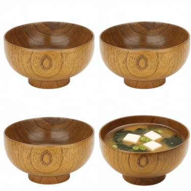 Imagem de JapanBargain, Conjunto de 4 tigelas de madeira, tigelas de sopa de arroz e missô japonesas de madeira natural, tigelas de lanche de salada marrom rústica de 11 cm para casa ou restaurante