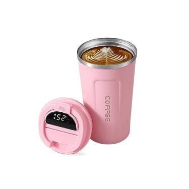 Imagem de Caneca com visor portátil, copo de café, aço inoxidável, térmico, frio, quente, copos para bebidas, viagem, vácuo, garrafa térmica, caneca de café (rosa, 380 ml)