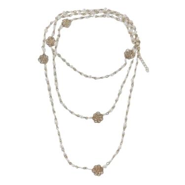 Imagem de Colar feminino delicado de pérolas com flores de rosas vazadas, pérolas de imitação longa, corrente de vários fios, gargantilha multicamadas, suéter elegante de inverno, festa de casamento, bijuteria