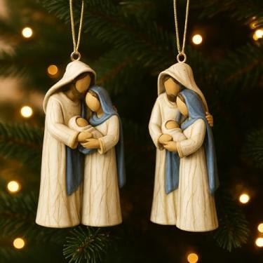 Imagem de Pacote com 2 enfeites de presépio da Sagrada Família – Decoração de Natal de resina pintada à mão, lembrança de presente religioso para árvore de Natal, grinalda e cornija – Estatueta de Maria, José e