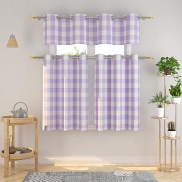 Imagem de Conjunto de 3 peças de cortinas e sanefas Buffalo Check Kitchen Tiers xadrez guingão top clássico pequeno café cortinas country fazenda café banheiro 137.2 cm x 45.7 cm/81.3 cm x 76.2 cm lilás e
