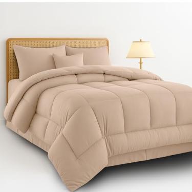 Imagem de Conjunto de edredom King luxuoso de 5 peças, cama multifuncional em uma bolsa, inclui 1 edredom, 2 fronhas, 1 travesseiro decorativo e 1 saia para cama (bege, king)