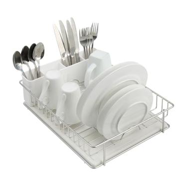 Imagem de SunnyPoint Escorredor de pratos de aço inoxidável 304 com dreno de terra de diatomáceas e suporte de utensílios removível – Escorredor de pratos de bancada resistente à ferrugem para cozinha (SS, 38,8