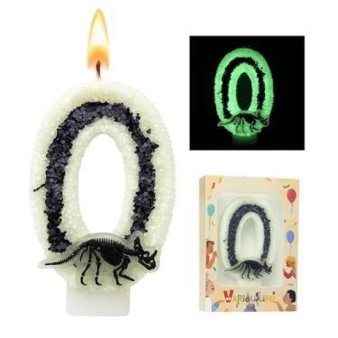 Imagem de Vela de aniversário de dinossauro que brilha no escuro número 0 para festa temática de esqueleto jurássico menino