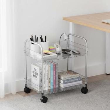 Imagem de Carrinho de rodinhas utilitário de 2 níveis com rodas, carrinho de armazenamento multifuncional, organizador de armazenamento sob a mesa com alça e ganchos para casa, cozinha, escritório, banheiro