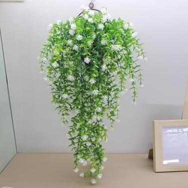 Imagem de 76 cm Flores artificiais penduradas videiras eucalipto camélia simulação ramos plástico flores falsas plantas casamento jardim decorações (branca)