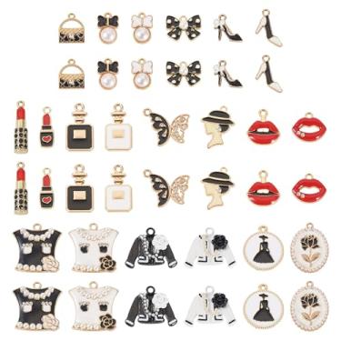 Imagem de 40 peças de pingentes esmaltados com tema da moda para fabricação de joias preto misto elegante laço batom saco de roupas pingentes para mulheres, faça você mesmo, pulseira, colar, artesanato