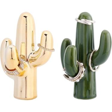 Imagem de 2 peças de decoração de porcelana em formato de cacto 8,9 x 6 x 4,1 cm, oliva e ouro, cacto, suporte de anel de bugiganga de porcelana para exibição de joias, ótimos presentes de aniversário e