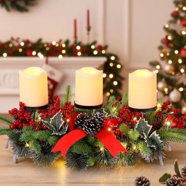 Imagem de Baquler Suporte de vela de Natal de LED com 3 velas LED operadas por bateria artificial decoração de mesa de Natal base candelabro para sala de jantar, cozinha, casa interna (vermelho)