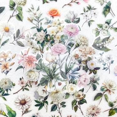Imagem de 50 peças de adesivos de scrapbook de flores brancas – Adesivos estéticos florais transparentes botânicos vintage para diário, álbuns, cartões, planejadores