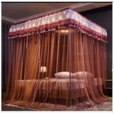 Imagem de Mosquiteiro com Armação Completo para Cama Casal/Box/Queen – Renda Volta ao Mundo Importada, Estrutura Reforçada, Estilo Palácio (Marrom)