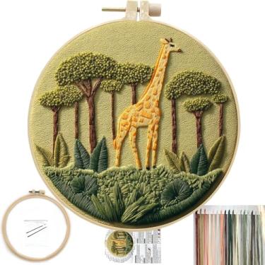 Imagem de FONNUY Padrão de bordado pré-estampado de girafa para iniciantes, kits de bordado boho para iniciantes, ponto cruz, costura, agulhas completas e kit de argola de linha (girafa 02)