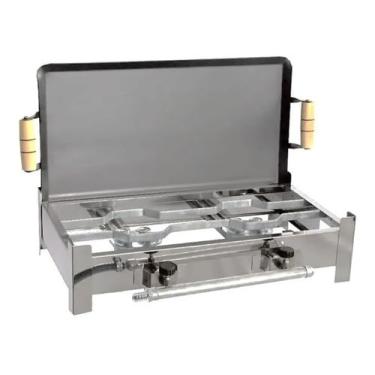Imagem de Fogão Inox Fogareiro A Gás Duas Bocas + Chapa Bife E Kit Gás