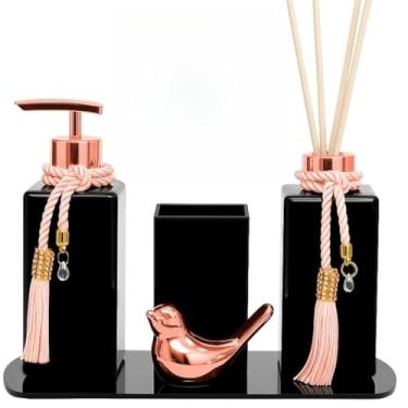 Imagem de Kit Lavabo Luxo Preto Com Bandeja De Vidro Vaso Quadrado E Passarinho Decorativo(Rose)
