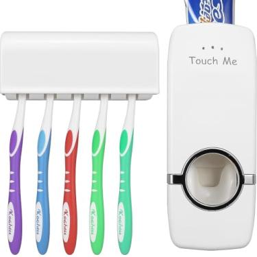 Imagem de Dispenser Automático para Pasta de Dente com Suporte para 5 Escovas, Material ABS, Branco, 15,8 x 6 x 6 cm, Kit Organizador de Banheiro