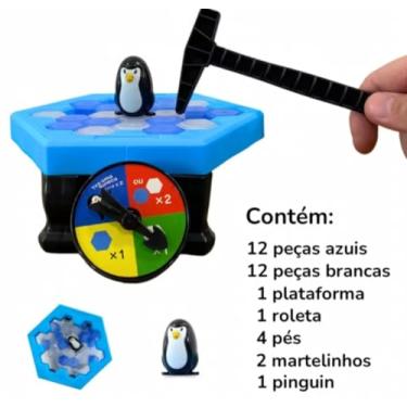 Imagem de Pinguim Numa Fria, Jogo de Mesa Interativo com Plataforma Hexagonal, 12 Peças Azuis e Brancas, Martelos e Roleta, Brinquedo Educativo para Família, 14.5x7cm