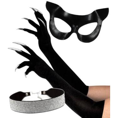 Imagem de OLYPHAN Black Cat Woman Mask with Costume Accessories, for Teens and Adults - Halloween Masquerade Set. Faux Leather Eye Mask with Silver Glitter Cat Claw Gloves & Sexy Rhinestone Choker Necklace