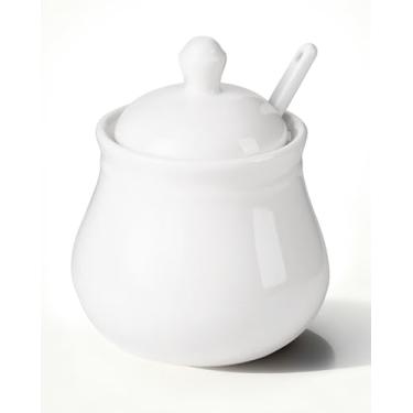 Imagem de Magclay Açucareiro de cerâmica com tampa e colher, recipiente de açúcar de 325 ml para barra de café, jarra/dispensador de açúcar, branco