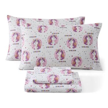 Imagem de HLC.ME Lençóis de cama infantis com estampa de unicórnio branco – Conjunto de lençóis com estampa de 4 peças – Resistente a rugas e ultramacio – Cabe em colchões de até 38 cm de profundidade – Casal