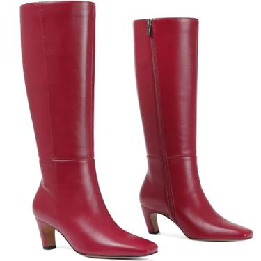 Imagem de Botas femininas cano alto salto gatinho bico quadrado longo botas de couro sintético salto baixo moda vestido de panturrilha larga/casual botas elásticas com zíper lateral, Vermelho, 38