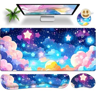 Imagem de Conjunto de mouse pad grande de 90 x 40 cm com apoio de pulso para teclado, suporte de pulso e porta-copos, à prova d'água com espuma viscoelástica suave para mesa mousepad para escritório em casa