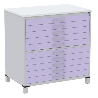 Imagem de Mapoteca 10 Gavetas Pandin 120 Cm (larg) Inmetro Tampo Mdp Branco Estrutura Aço Cinza Gavetas Lilás