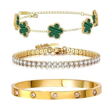 Imagem de Arthur Liu Conjunto de 3 pulseiras empilháveis de flor da sorte – Aço inoxidável banhado a ouro 14 K com zircônia cúbica fofa e charmosa para mulheres joias, One Size, Aço inoxidável, Zircônia cúbica