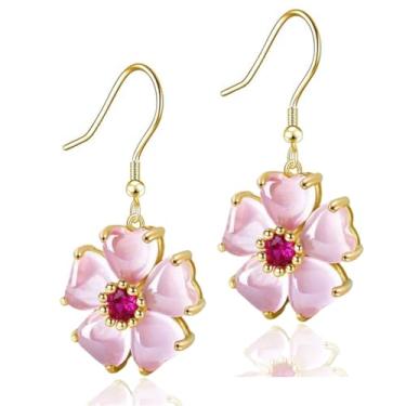 Imagem de VONSSY Elegante colar de flor de cerejeira brincos rosa olho de gato flor flora Sakura pingente de cristal de pedra preciosa banhado a ouro 18k conjunto de joias presente para mulher esposa namorada
