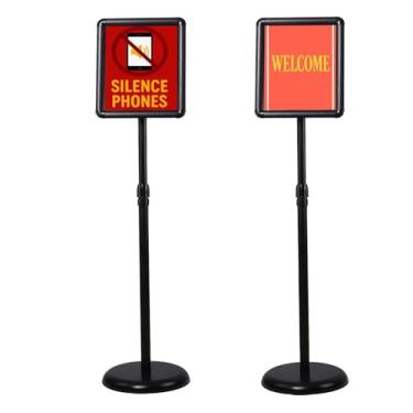 Imagem de Suporte de placa de piso com pedestal ajustável – Tela de sinalização de base de metal ajustável em altura de 96 cm a 127 cm para cafeterias, restaurantes, eventos e varejo, moldura de encaixe 21 x 28