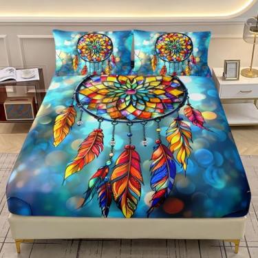 Imagem de AILONEN Jogo de lençol solteiro de apanhador de sonhos tamanho GG, lençol colorido com elástico + 2 fronhas, conjunto de cama boêmio azul de 3 peças para decoração de quarto