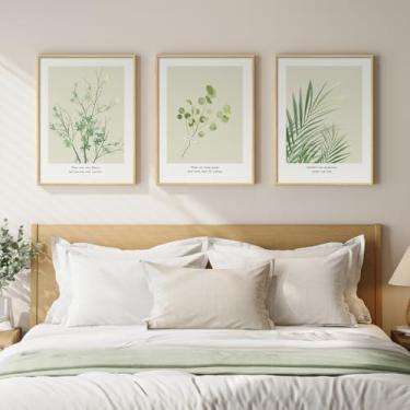 Imagem de Arte de parede de quarto botânico emoldurado, impressões de folhas verdes de 3 peças para decoração de quarto, arte em tela de planta natural para paredes, imagens minimalistas para sala de estar