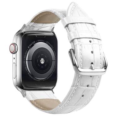 Imagem de SZYXMY Pulseiras de substituição de couro genuíno jacaré de 49 mm, 46 mm, 45 mm, 44 mm, 42 mm, 41 mm, 40 mm e 38 mm para Apple Watch Series 10/9/8/7/6/5/4/3 Ultra 2 SE, bicolor, para homens e mulheres