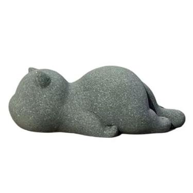 Imagem de livelyfish Estatueta de gato fofo estátua de gato da sorte arenito animal escultura chá animal de estimação ornamentos de mesa micro paisagem jardim de fadas decoração de aquário (B)
