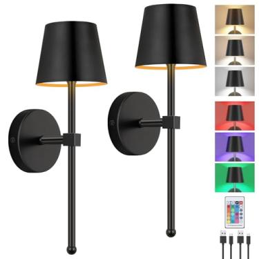 Imagem de LIGHTESS Luzes de parede operadas por bateria, arandelas de parede recarregáveis de 5200 mAh, conjunto de dois com controle remoto, lâmpada de parede sem fio regulável RGB de 15 cores para sala de