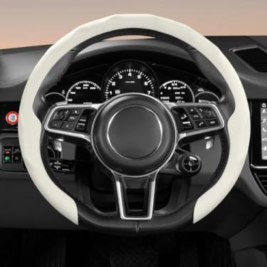 Imagem de Capa de volante universal de couro napa premium de 38 cm - antiderrapante, macia e confortável, fácil instalação para a maioria dos carros (off-white)