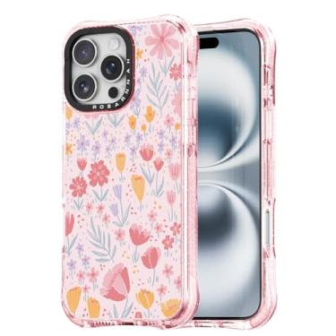 Imagem de Rosarnnah Capa para iPhone 16 Pro fofa - compatível com Magsafe - Capa de telefone à prova de choque com proteção contra quedas de grau militar de 6 m - Design floral rosa engraçado (17,5 cm) Rosa