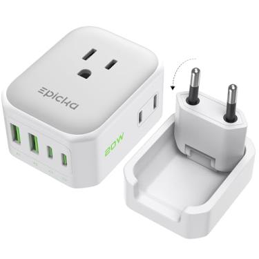 Imagem de EPICKA Adaptador de tomada de viagem europeu híbrido, dobrável e destacável tipo C (UE) adaptador de alimentação internacional 8 em 1 com 4 portas USB (2 USB-C PD 20W) - Essenciais de viagem para os