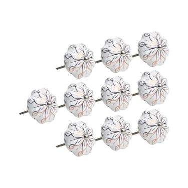 Imagem de 12 Puxador em Cerâmica Abóbora Floral Armário Boho Chic (Branco/Dourado - MPPON130)