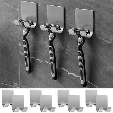 Imagem de 8 peças ganchos de barbeador de aço inoxidável suporte de barbeador adesivo de alta resistência ganchos de parede para roupão de acesso rápido cabides de toalha de roupão à prova d'água ganchos de