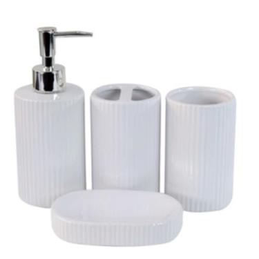 Imagem de Kit de Banheiro Cerâmica 4 Peças Porta Sabonete Líquido/Saboneteira/Porta Escova/Porta algodão(KB3002-BRANCO)