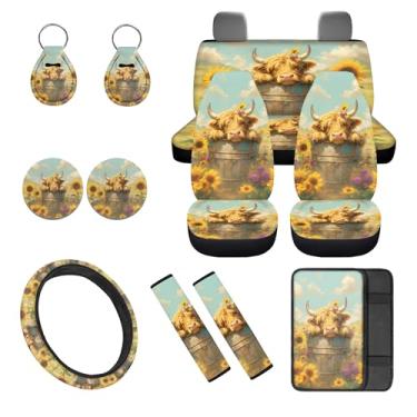 Imagem de gearider Highland Cow 12 peças de capas de assento de carro conjunto completo de acessórios de carro com capa de volante de girassol console central almofada de apoio de braço capa de cinto de