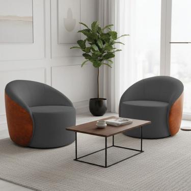 Imagem de Poltrona Sala Orgânica Kit 2 Lua Fixa Sintético PU Nozes/Bouclê D03 - D`Rossi