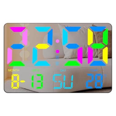 Imagem de Despertador Digital com Display LED Luz Ajustável em 5 Níveis Modo Calendário de Temperatura Noturna RGB Função Fotosensível Automática para Estante Sala Estar Mesa Parede