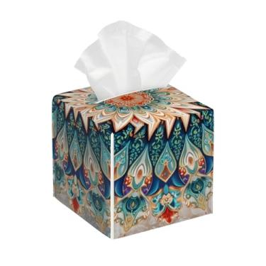 Imagem de Porta-lenços de couro quadrado à prova d'água mandala flor étnica colorida facial organizador de papel com cinto inferior cubo estojo de lenços para mesa, banheiro, escritório, mesa, carro, decorativo